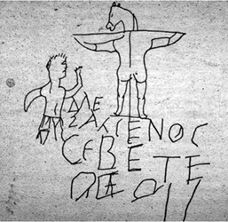 Древнеримская пропаганда: карикатура на Распятие, изображающая Христа в виде осла