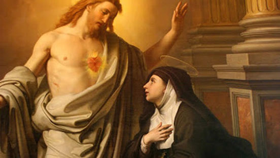 St Margaret Mary Alacoque contemplates the Most Sacred Heart of Jesus