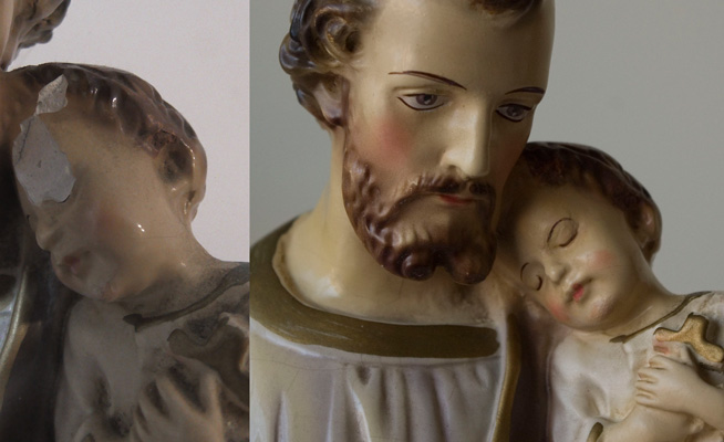 St Joseph with Baby Jesus, before and after restoration